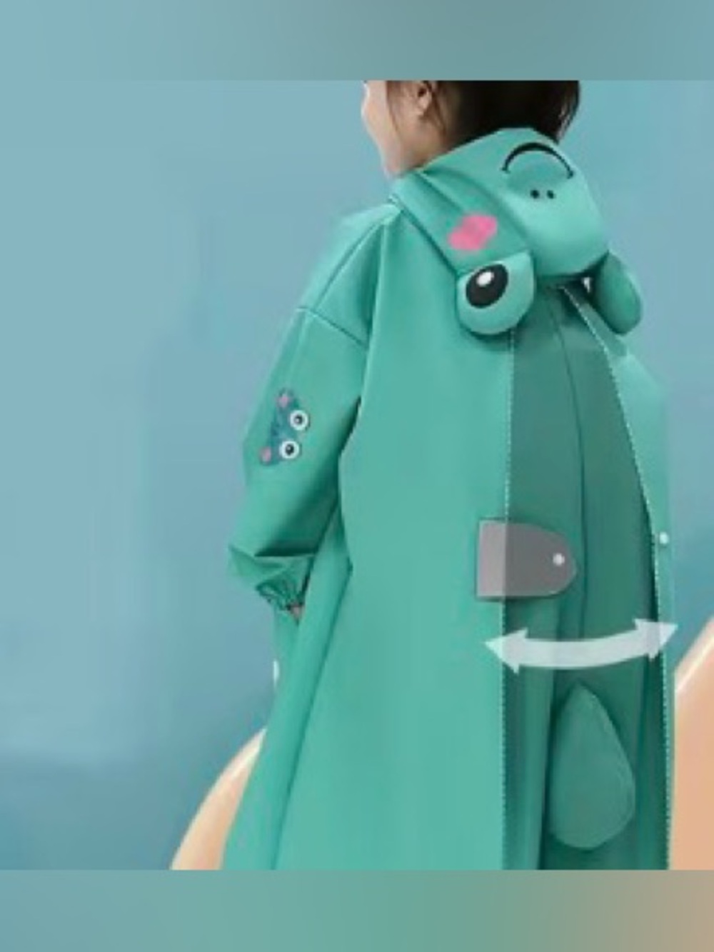 Kids XL Expandable Teal Hooded Rain Poncho with Cute Frog Details & Tail #Unisex